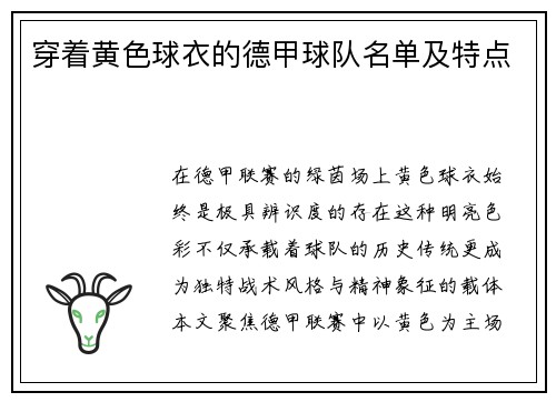 穿着黄色球衣的德甲球队名单及特点