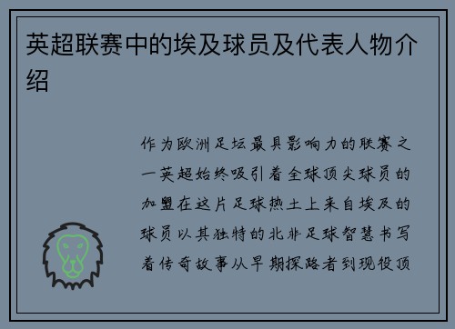 英超联赛中的埃及球员及代表人物介绍