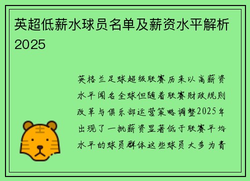 英超低薪水球员名单及薪资水平解析2025